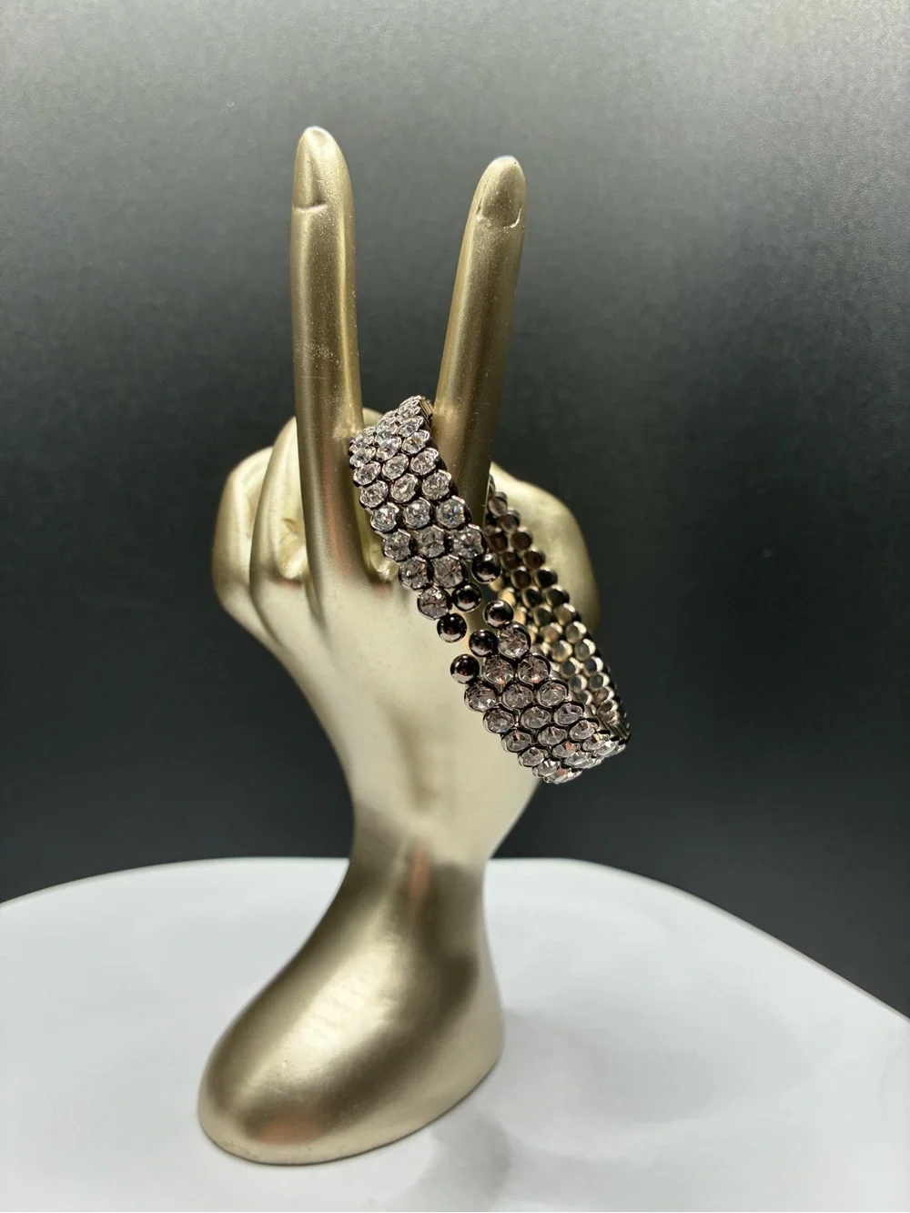 Vintage Gunmetal Crystal Flex-Cuff Bracelet W/Clear Rhinestone